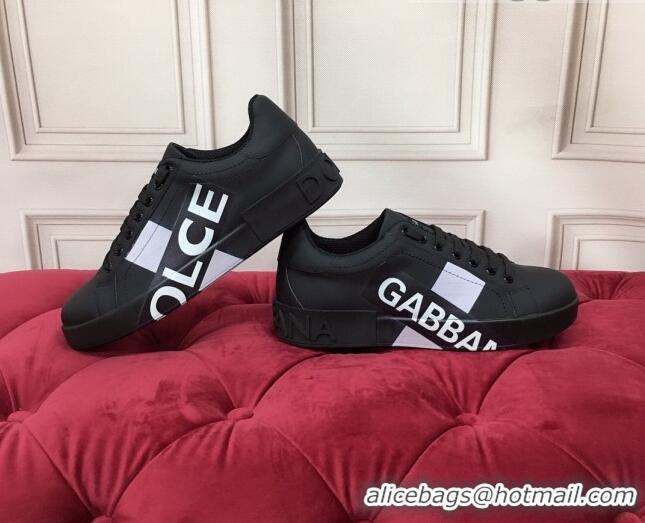 New Design Dolce & Gabbana PORTOFINO Sneakers In Calfskin With Logo Tape Black 061626