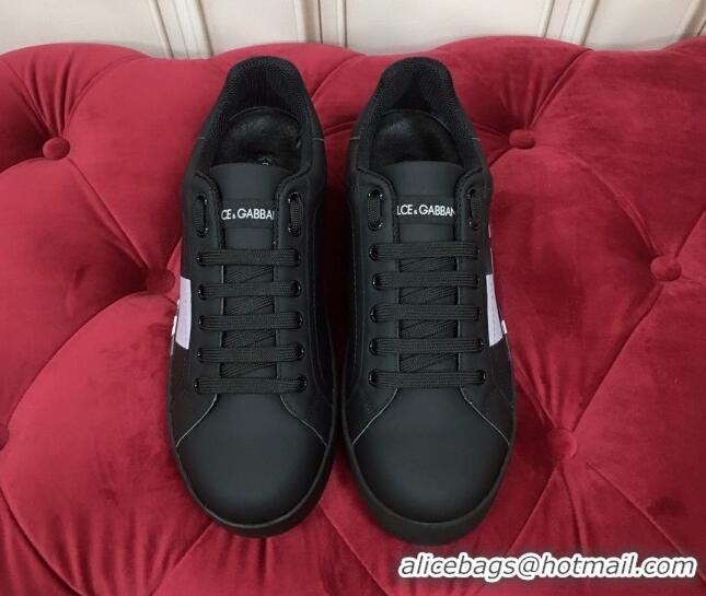 New Design Dolce & Gabbana PORTOFINO Sneakers In Calfskin With Logo Tape Black 061626