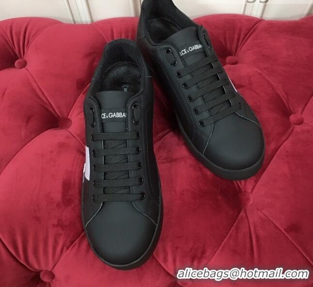 New Design Dolce & Gabbana PORTOFINO Sneakers In Calfskin With Logo Tape Black 061626