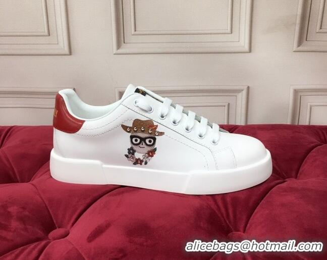 Popular Dolce & Gabbana PORTOFINO Sneakers In Calfskin With Patch of the Designers White/Red 061629