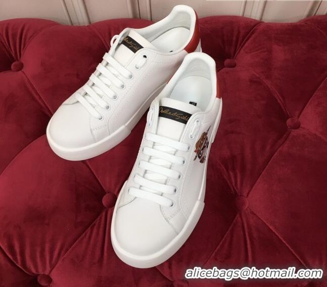 Popular Dolce & Gabbana PORTOFINO Sneakers In Calfskin With Patch of the Designers White/Red 061629