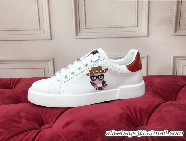 Popular Dolce & Gabbana PORTOFINO Sneakers In Calfskin With Patch of the Designers White/Red 061629