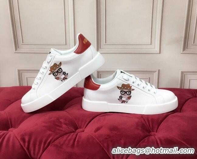 Popular Dolce & Gabbana PORTOFINO Sneakers In Calfskin With Patch of the Designers White/Red 061629