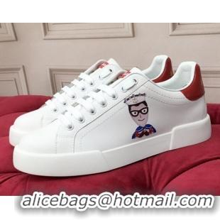 New Fashion Dolce & Gabbana PORTOFINO Sneakers In Calfskin With Patch of the Designers Red/White 061630