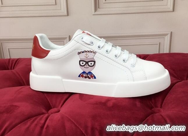 New Fashion Dolce & Gabbana PORTOFINO Sneakers In Calfskin With Patch of the Designers Red/White 061630