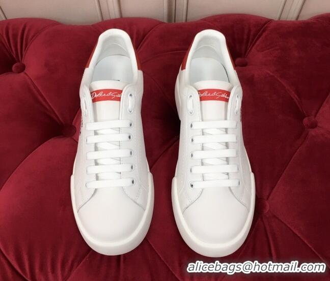 New Fashion Dolce & Gabbana PORTOFINO Sneakers In Calfskin With Patch of the Designers Red/White 061630