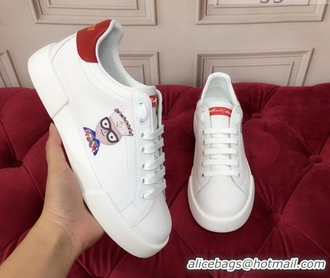 New Fashion Dolce & Gabbana PORTOFINO Sneakers In Calfskin With Patch of the Designers Red/White 061630