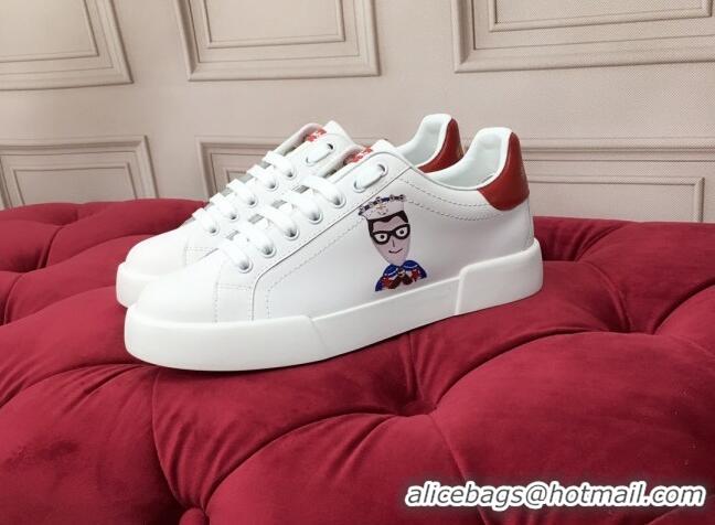 New Fashion Dolce & Gabbana PORTOFINO Sneakers In Calfskin With Patch of the Designers Red/White 061630