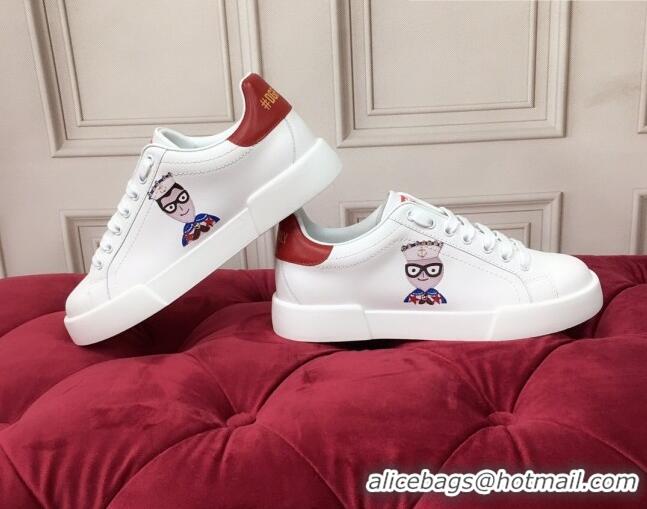 New Fashion Dolce & Gabbana PORTOFINO Sneakers In Calfskin With Patch of the Designers Red/White 061630