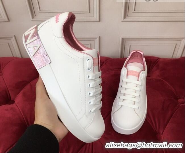 Hot Style Dolce & Gabbana PORTOFINO Sneakers In Calfskin With Logo White/Pink 061635