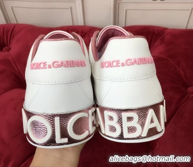 Hot Style Dolce & Gabbana PORTOFINO Sneakers In Calfskin With Logo White/Pink 061635