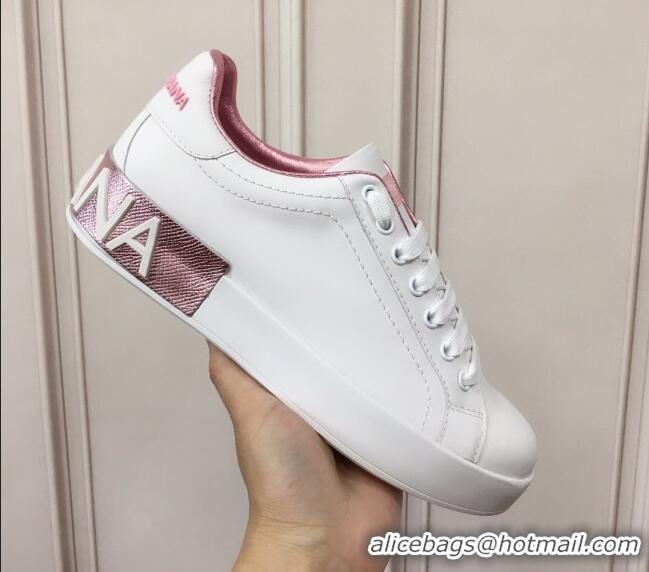 Hot Style Dolce & Gabbana PORTOFINO Sneakers In Calfskin With Logo White/Pink 061635