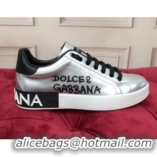 New Design Dolce Gabbana Calfskin Nappa Portofino Sneakers with Lettering Print Silver 120166