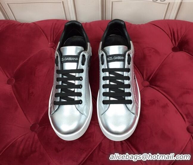 New Design Dolce Gabbana Calfskin Nappa Portofino Sneakers with Lettering Print Silver 120166