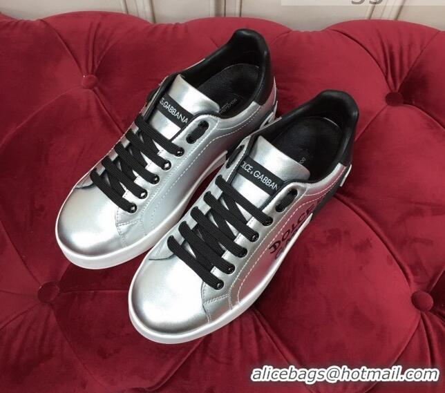 New Design Dolce Gabbana Calfskin Nappa Portofino Sneakers with Lettering Print Silver 120166