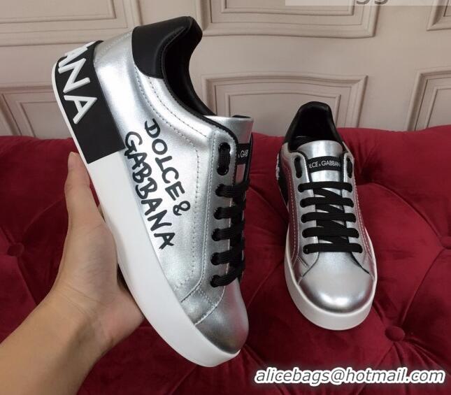 New Design Dolce Gabbana Calfskin Nappa Portofino Sneakers with Lettering Print Silver 120166