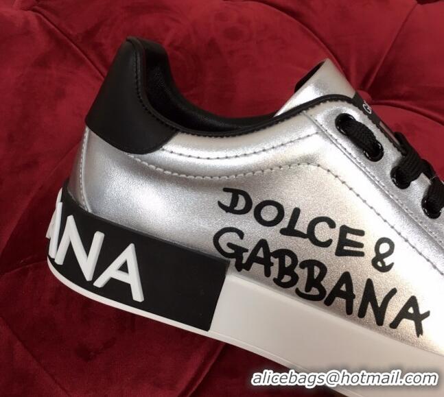 New Design Dolce Gabbana Calfskin Nappa Portofino Sneakers with Lettering Print Silver 120166