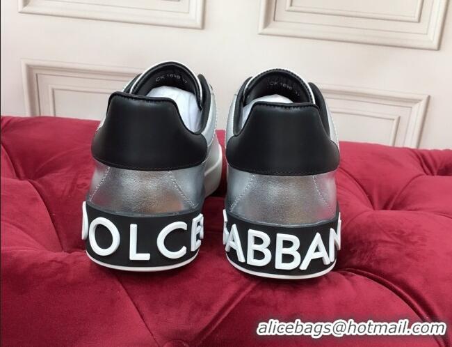 New Design Dolce Gabbana Calfskin Nappa Portofino Sneakers with Lettering Print Silver 120166