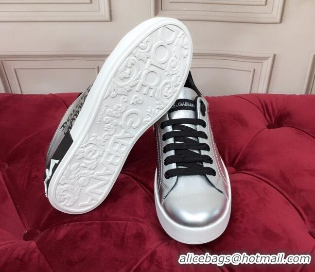 New Design Dolce Gabbana Calfskin Nappa Portofino Sneakers with Lettering Print Silver 120166