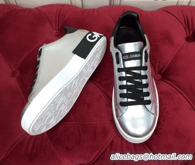 New Design Dolce Gabbana Calfskin Nappa Portofino Sneakers with Lettering Print Silver 120166