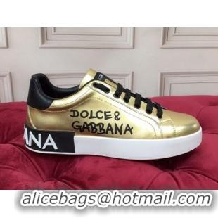 Low Price Dolce Gabbana Calfskin Nappa Portofino Sneakers with Lettering Print Gold 120167