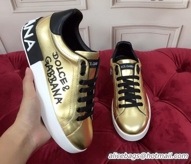 Low Price Dolce Gabbana Calfskin Nappa Portofino Sneakers with Lettering Print Gold 120167