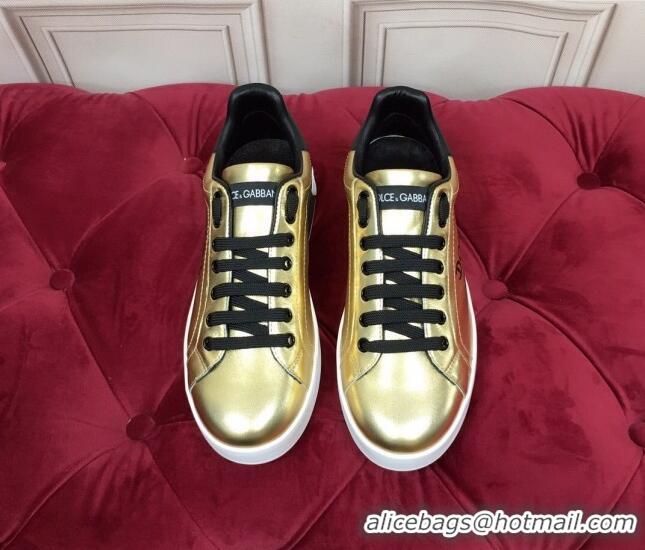 Low Price Dolce Gabbana Calfskin Nappa Portofino Sneakers with Lettering Print Gold 120167