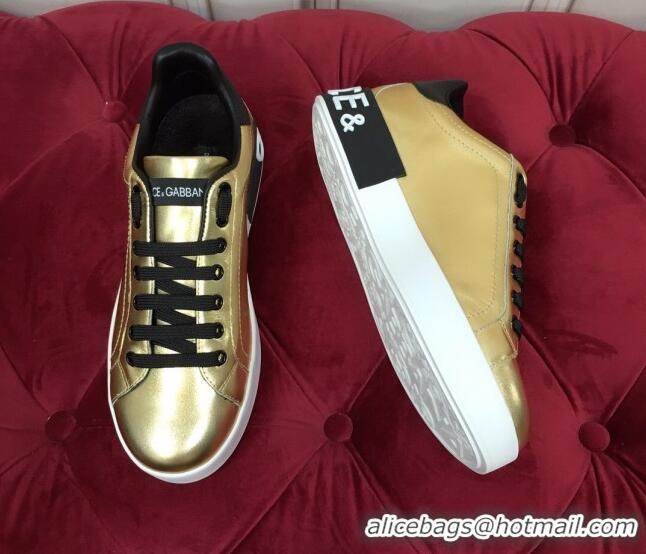 Low Price Dolce Gabbana Calfskin Nappa Portofino Sneakers with Lettering Print Gold 120167