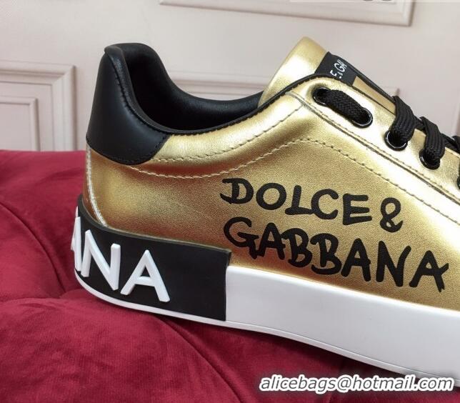 Low Price Dolce Gabbana Calfskin Nappa Portofino Sneakers with Lettering Print Gold 120167