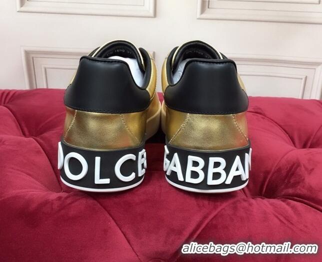 Low Price Dolce Gabbana Calfskin Nappa Portofino Sneakers with Lettering Print Gold 120167