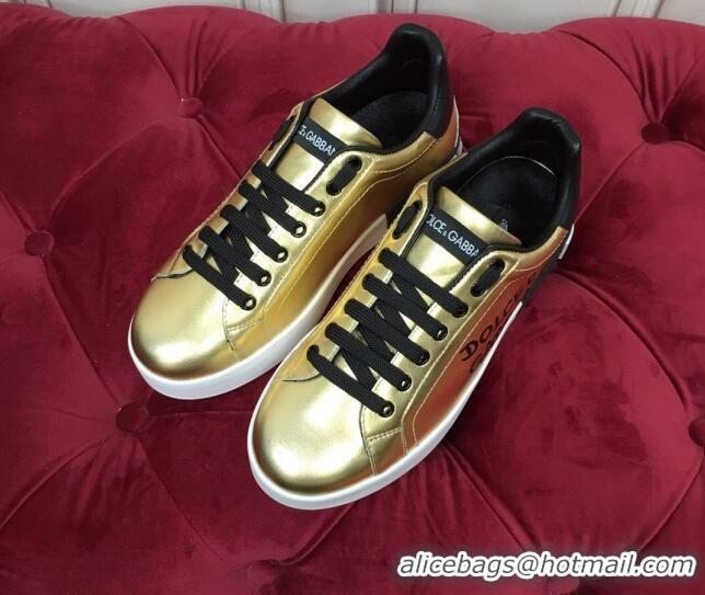 Low Price Dolce Gabbana Calfskin Nappa Portofino Sneakers with Lettering Print Gold 120167