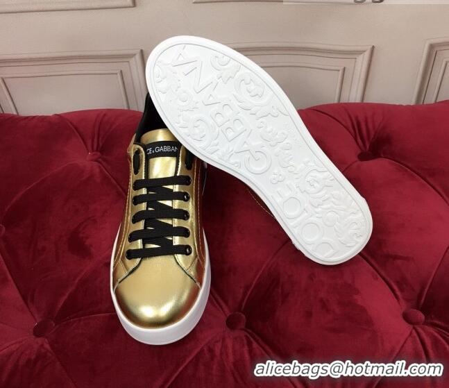 Low Price Dolce Gabbana Calfskin Nappa Portofino Sneakers with Lettering Print Gold 120167