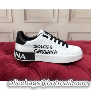 Cheap Price Dolce Gabbana Calfskin Nappa Portofino Sneakers with Lettering Print White 120168