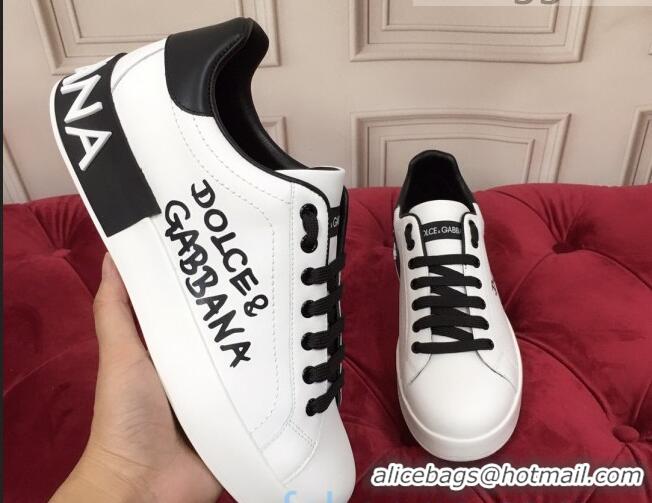 Cheap Price Dolce Gabbana Calfskin Nappa Portofino Sneakers with Lettering Print White 120168