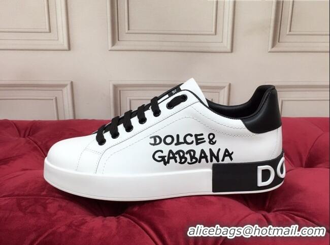 Cheap Price Dolce Gabbana Calfskin Nappa Portofino Sneakers with Lettering Print White 120168