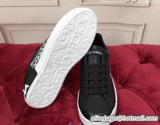 Discount Dolce Gabbana Calfskin Nappa Portofino Sneakers with Lettering Print Black 120169