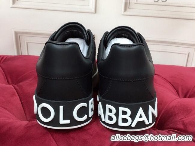 Discount Dolce Gabbana Calfskin Nappa Portofino Sneakers with Lettering Print Black 120169