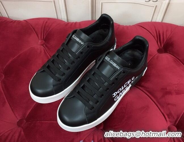 Discount Dolce Gabbana Calfskin Nappa Portofino Sneakers with Lettering Print Black 120169