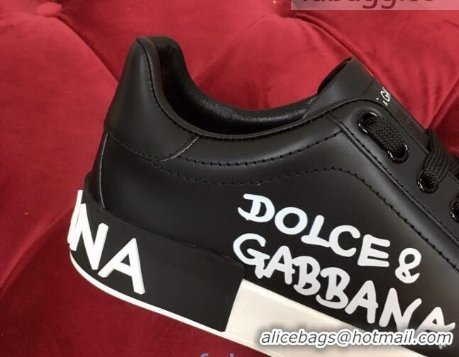 Discount Dolce Gabbana Calfskin Nappa Portofino Sneakers with Lettering Print Black 120169