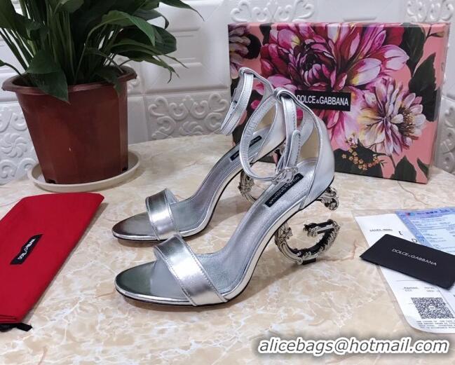 Custom Dolce&Gabbana Metallic Leather Sandals with DG Heel 10.5cm 011248 Silver 2021