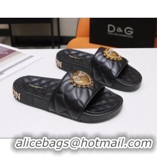 Discount Dolce&Gabbana DG Calfskin Flat Slide Sandals with Heart Charm 012308 Black 2021