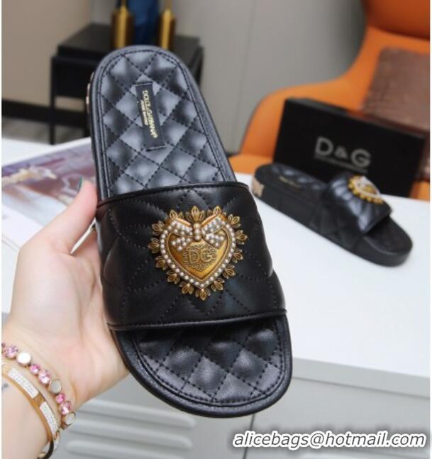 Discount Dolce&Gabbana DG Calfskin Flat Slide Sandals with Heart Charm 012308 Black 2021