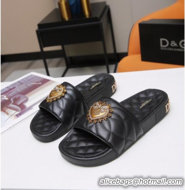 Discount Dolce&Gabbana DG Calfskin Flat Slide Sandals with Heart Charm 012308 Black 2021