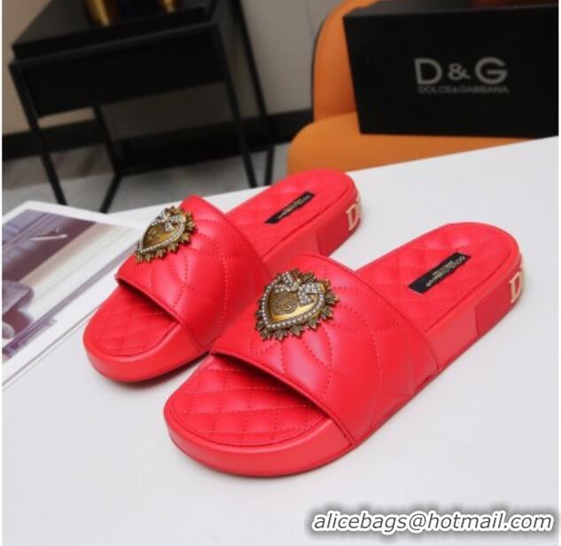 Custom Dolce&Gabbana DG Calfskin Flat Slide Sandals with Heart Charm 012308 Red 2021 