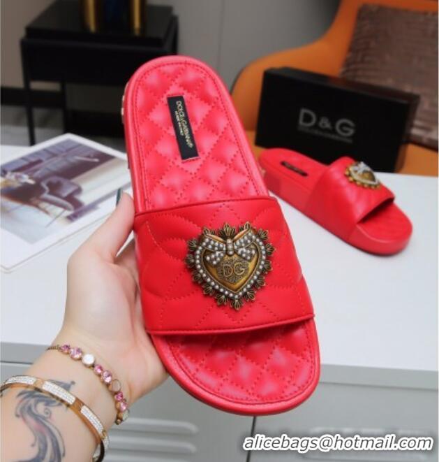 Custom Dolce&Gabbana DG Calfskin Flat Slide Sandals with Heart Charm 012308 Red 2021 