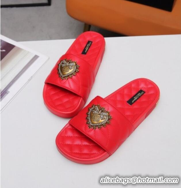 Custom Dolce&Gabbana DG Calfskin Flat Slide Sandals with Heart Charm 012308 Red 2021 