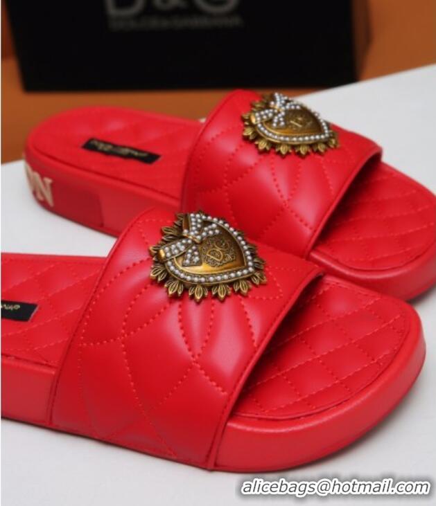 Custom Dolce&Gabbana DG Calfskin Flat Slide Sandals with Heart Charm 012308 Red 2021 