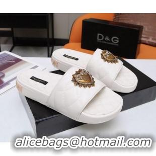 Low Price Dolce&Gabbana DG Calfskin Flat Slide Sandals with Heart Charm 012308 White 2021 