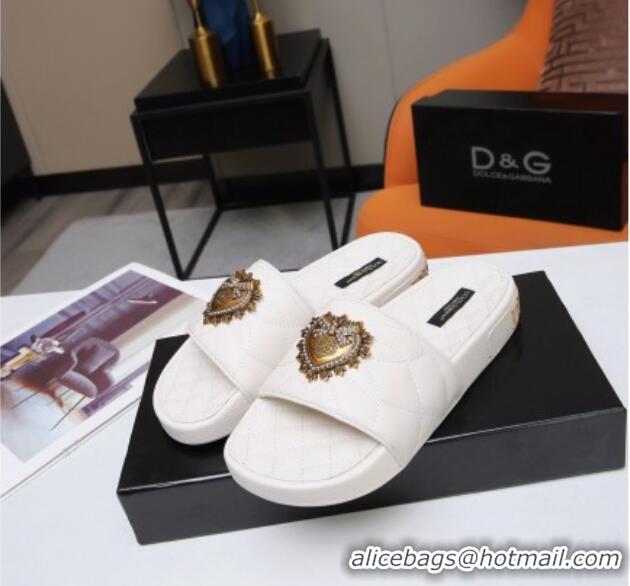 Low Price Dolce&Gabbana DG Calfskin Flat Slide Sandals with Heart Charm 012308 White 2021 