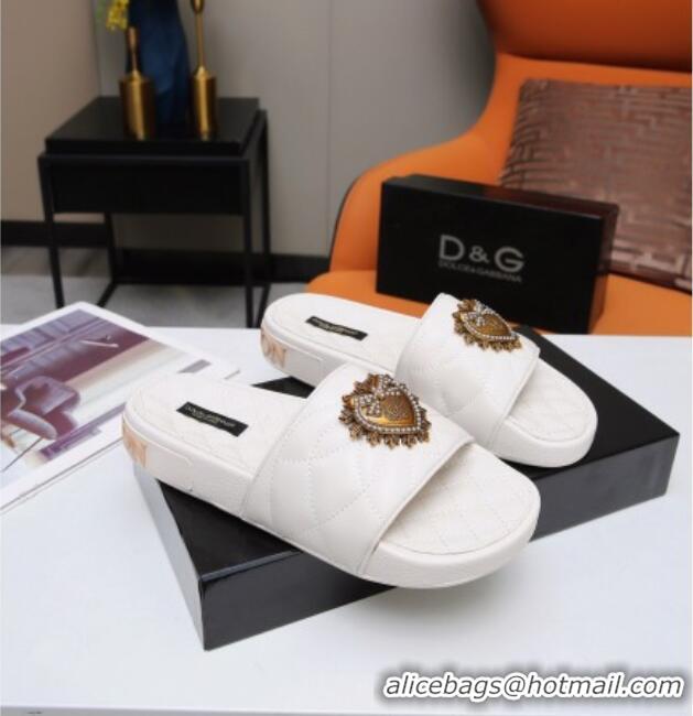 Low Price Dolce&Gabbana DG Calfskin Flat Slide Sandals with Heart Charm 012308 White 2021 